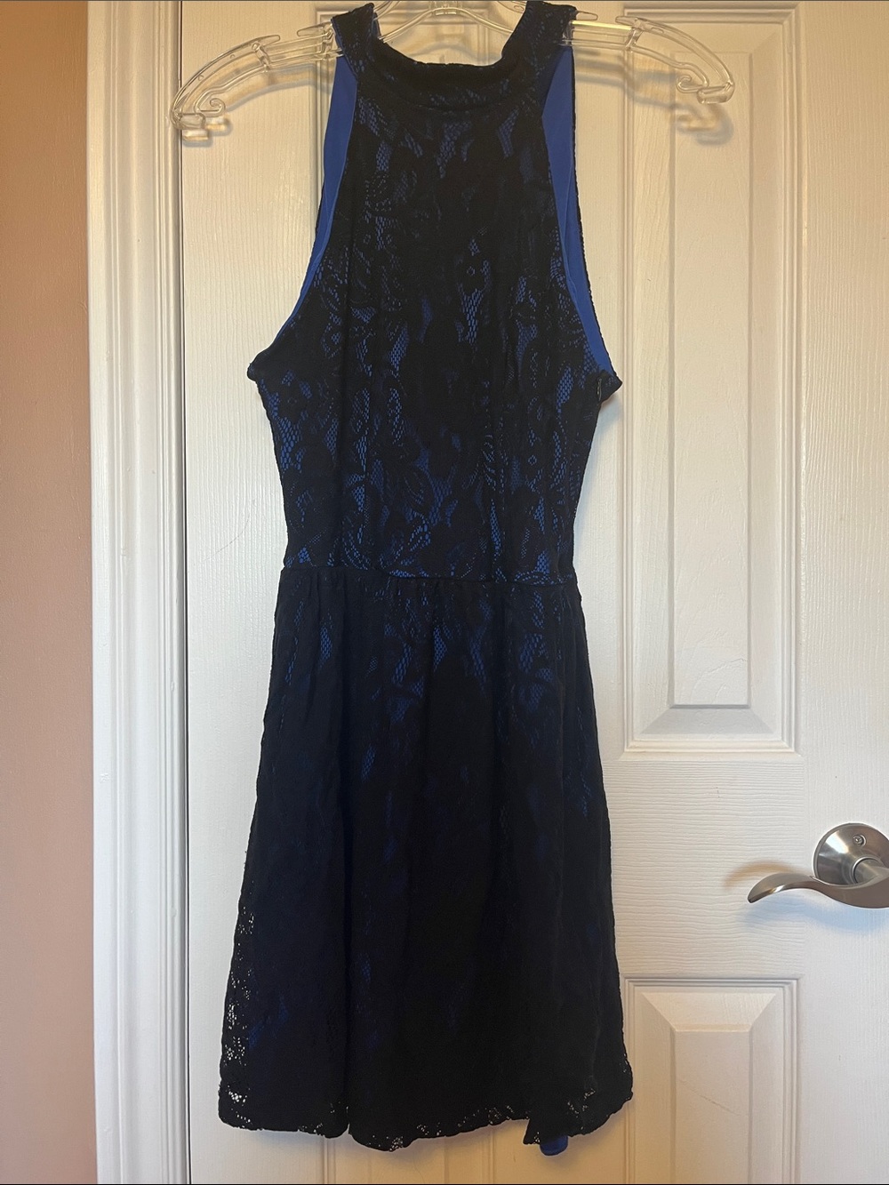Sleeveless Black Lace Mini Dress with Blue Underlay